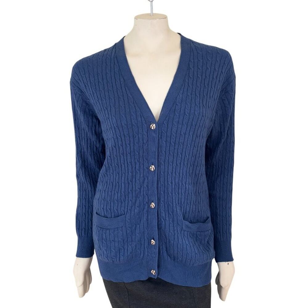 VTG CARLISLE SPORT Cashmere Silk Cable Knit Cardigan Sweater in Blue SZ M